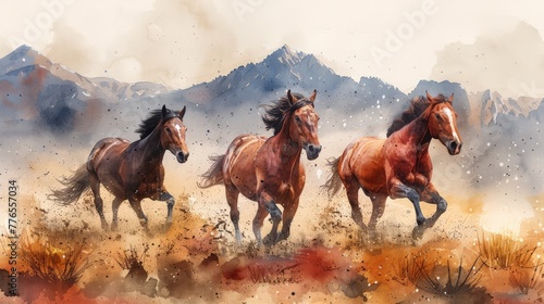 Horses are running in the dry grass fields and mountain background of the Western countryside, Watercolor style, colorful © saichon