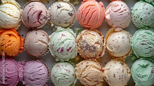 A variety of ice cream scoops in multiple flavors and colors, neatly arranged and ready to enjoy.