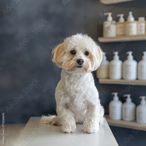 White Maltese dog posed on a salon counter surrounded by grooming products. Clean and groomed dog after bath or haircut.