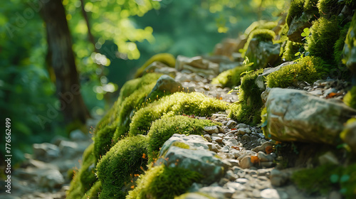 The rich, earthy smell of moss growing on rocks beside the path