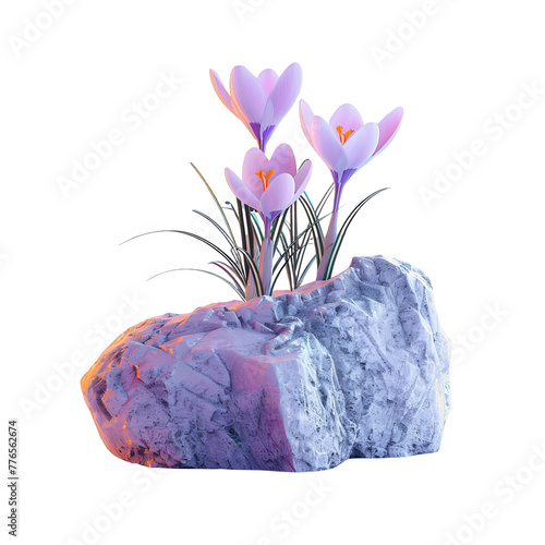 A crocus in full bloom on a surreal rock, depicted with 3D Digital Art and octane render