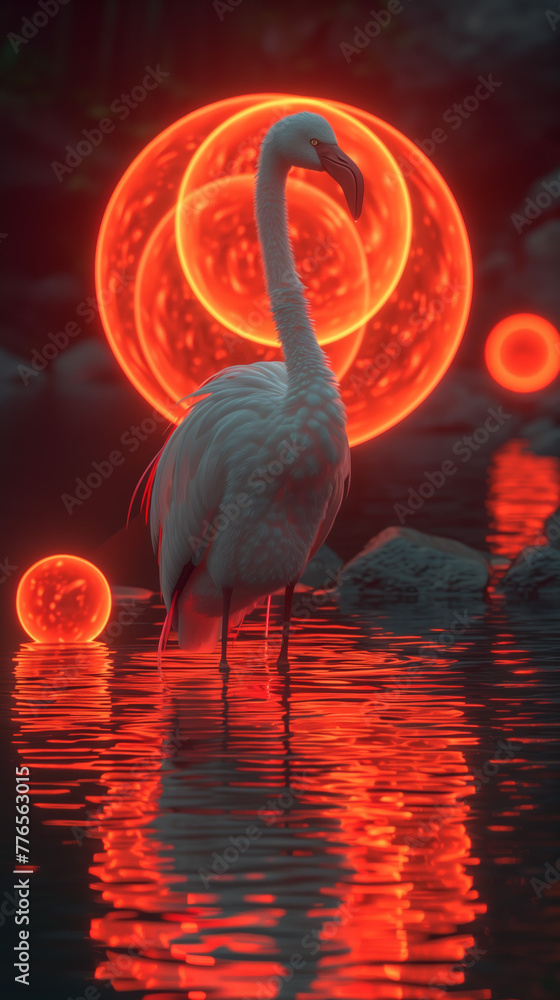 Naklejka premium Magical flamingo in blood red sunset