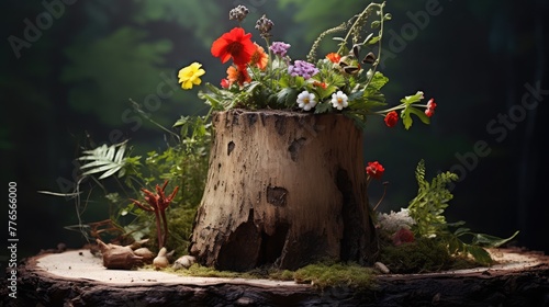 View of potted plant with wild flowers, sitting on tree stump