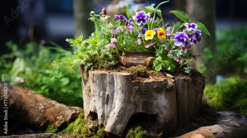 View of potted plant with wild flowers, sitting on tree stump