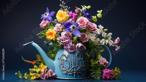 Watering can with garden flowers