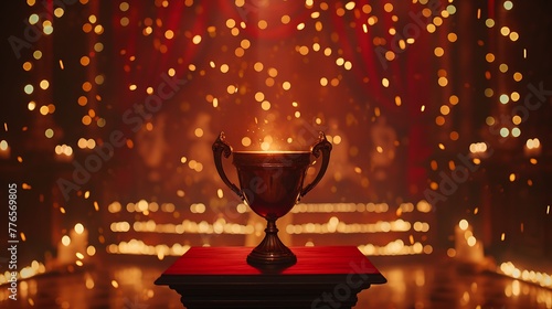 A trophy on the stage with light effects, creating an atmosphere of victory and celebration.