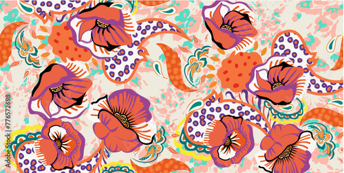 patchwork floral pattern with paisley and indian flower motifs. damask style pattern for textil and decoration	