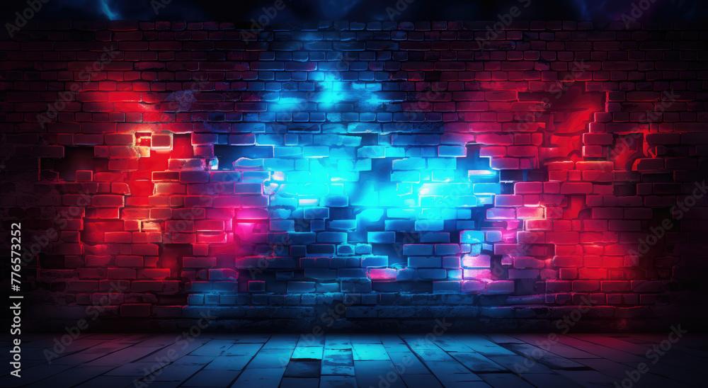 Neon light on brick walls that are not plastered background and texture, with cement floor. Lighting effect red and blue neon background, generative ai Neon light on brick walls that are not plastered background and texture, with cement floor. Lighting effect red and blue neon background, generative ai