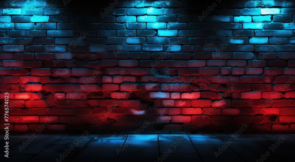 Neon light on brick walls that are not plastered background and texture, with cement floor. Lighting effect red and blue neon background, generative ai Neon light on brick walls that are not plastered background and texture, with cement floor. Lighting effect red and blue neon background, generative ai