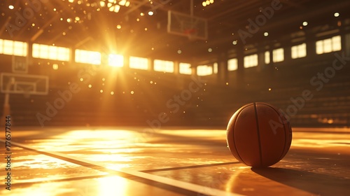  A basketball sits in the middle of an olympic gymnasium, golden light shining behind it, with a cinematic