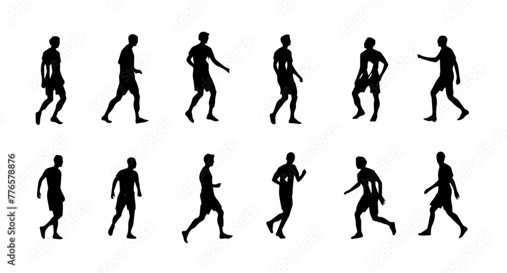 set of silhouettes people in various walking different poses vector clip art illustration.