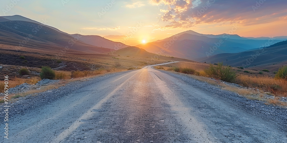 Sunset Road's Serene Journey ,Sunset's Embrace by the Mountains ,Exploring the Mountainside at Sunset