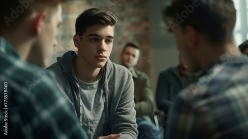 Young caucasian man sitting in a support group, listening to others, concept of sobriety and recovery from alcoholism/addiction © Georgina Burrows