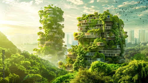 Eco-friendly urban oasis with lush green skyscrapers © edojob