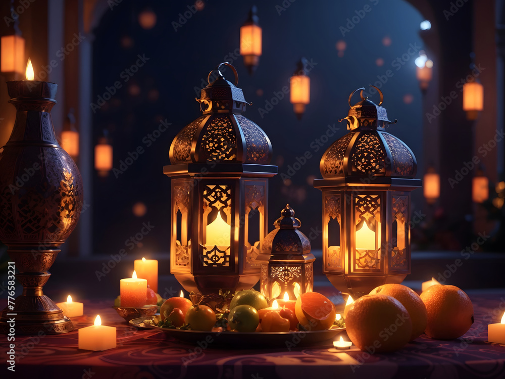 Ornamental Arabic lanterns with burning candles glow at night. Plate with date fruit on the table. A festive greeting card and invitation are for the Muslim holy month of Ramadan, Kareem. Iftar dinner Ornamental Arabic lanterns with burning candles glow at night. Plate with date fruit on the table. A festive greeting card and invitation are for the Muslim holy month of Ramadan, Kareem. Iftar dinner