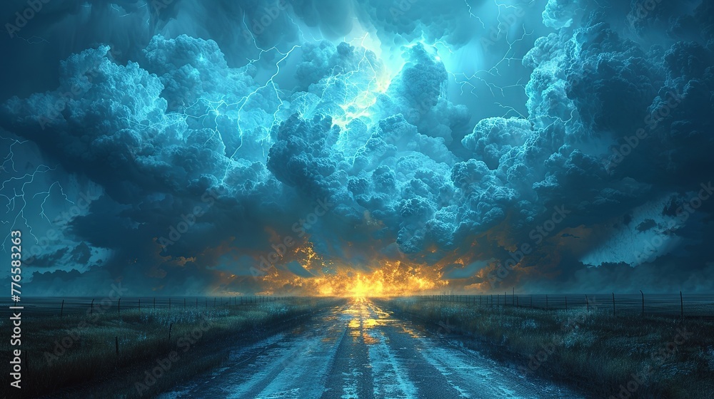 Fototapeta premium Electric Fury - Supercell Storm Over Prairie Road - Dramatic Weather Encounter - Generative AI