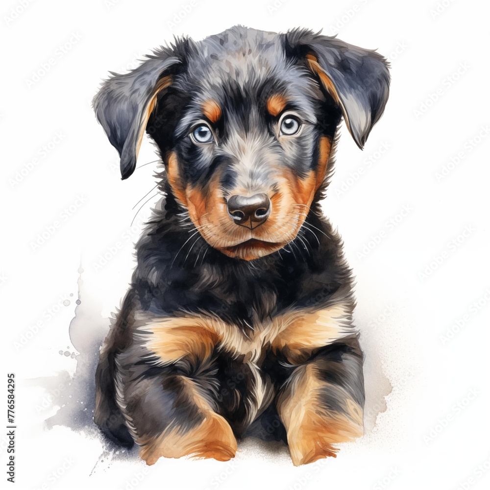 Beauceron. Beauce sheep dog. Puppy clipart. Watercolor illustration. Generative AI. Detailed illustration.
