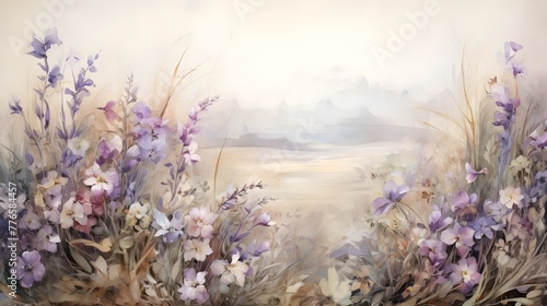 Floral Beach Landscape Painting Pastel Colors Serene Nature Artwork
