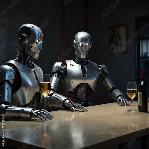 robots from the future having a drink in a bar