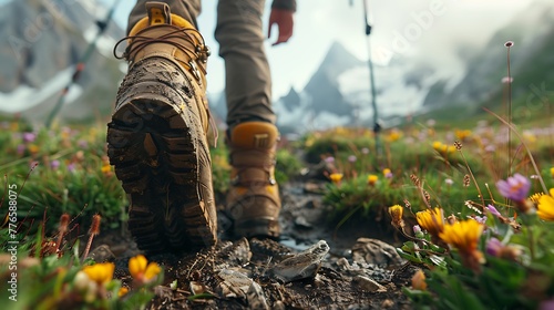 The springy give of soft earth beneath hikers' feet photo