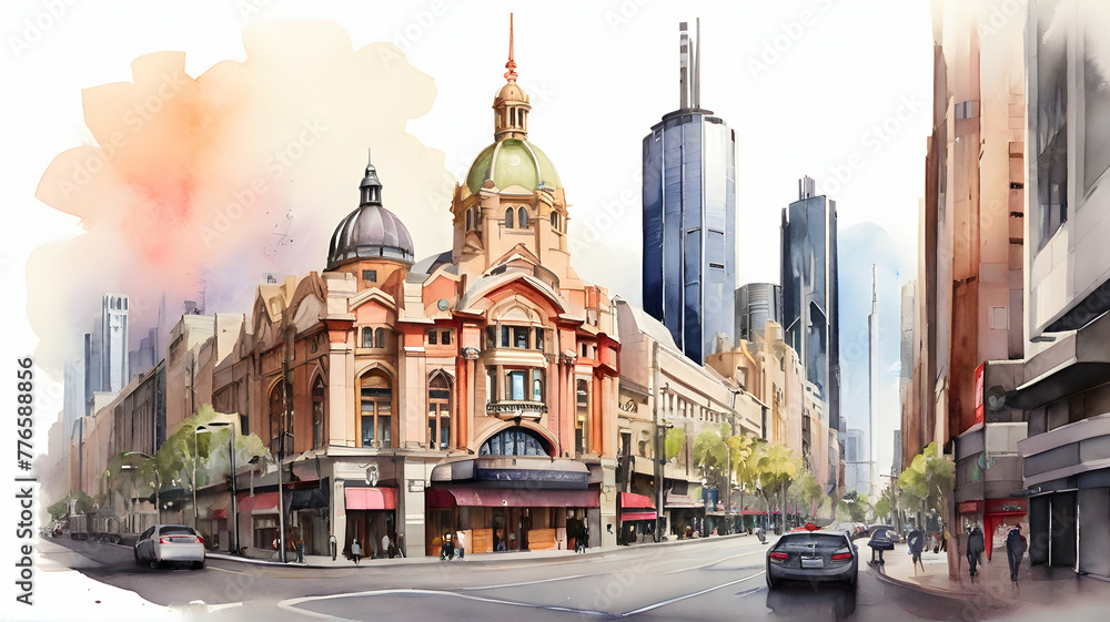 Fototapeta premium Melbourne city Australia watercolor art