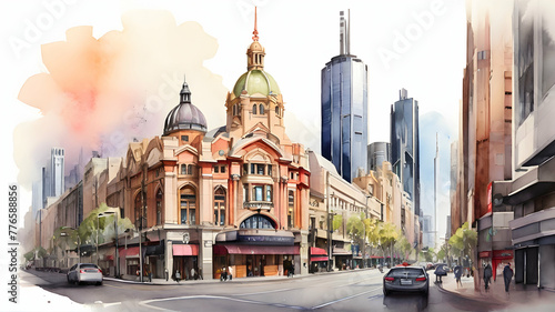 Melbourne city Australia watercolor art