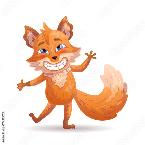 Amusing fox shows a welcoming gesture. Character design. Vector illustration.