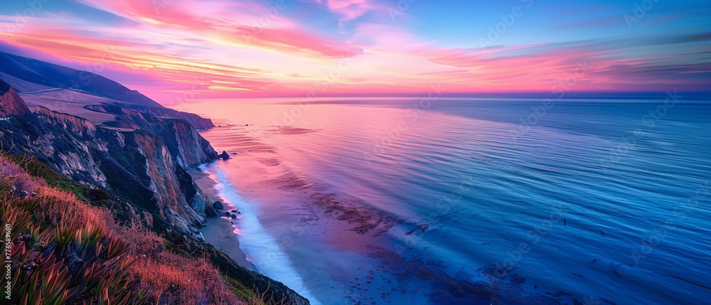 A coastal cliff overlooking the ocean, with the colors of the sunset casting a splendid gradient of colors across the water, captured in high-definition to highlight its mesmerizing vibrancy.