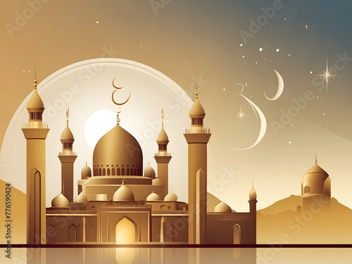 Eid al-Adha Mubarak  A flat golden-coloured mosque against a background  celebrating the Islamic festival.
