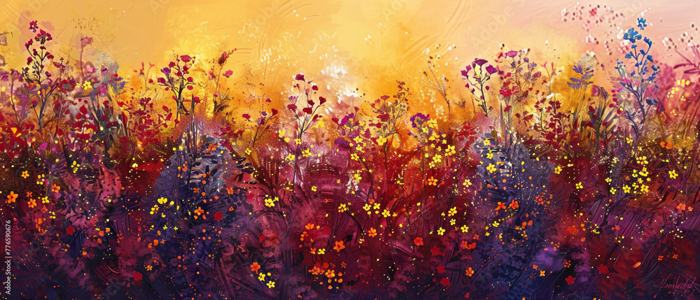 A meadow filled with wildflowers, with the colors shifting from vibrant yellows to deep reds, forming a splendid gradient captured in high-definition to showcase its mesmerizing vibrancy.