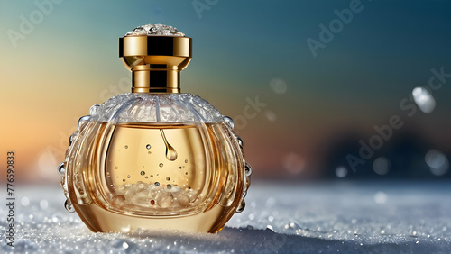 Luxury perfume bottle in the snow
