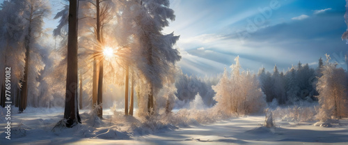 Winter forest with the sun beams