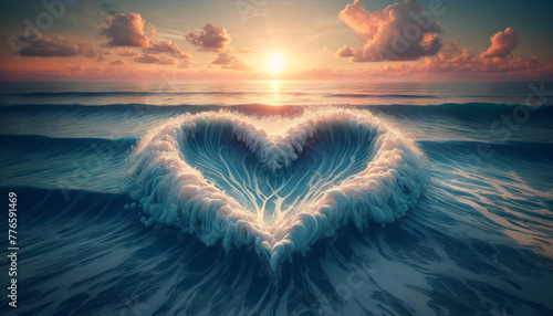 Wave heart shapes created with sea foam during a vibrant ocean sunset.