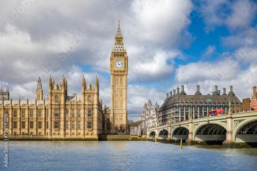 Iconic view of Big Ben and Westminster palace on a sunny day in London, the United Kingdom