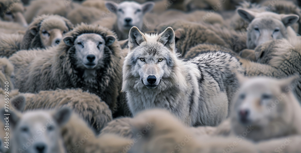 Obraz premium Wolf Among Sheep Stock Image