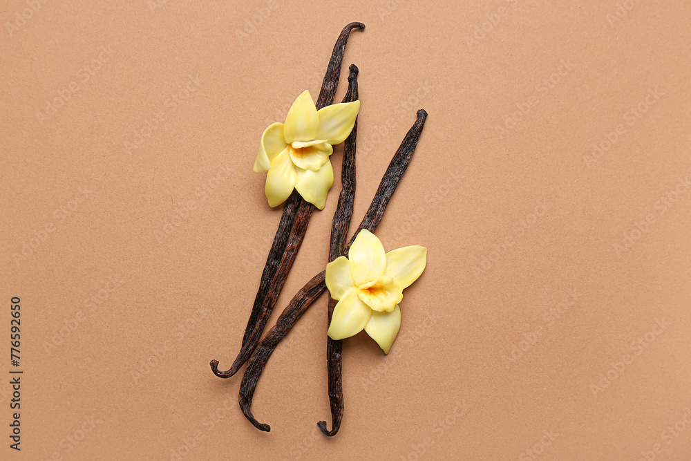 Obraz premium Aromatic vanilla sticks with beautiful flowers on color background