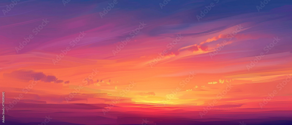 A serene sunset gradient stretching across the horizon, painting the sky in hues of orange, pink, and purple.