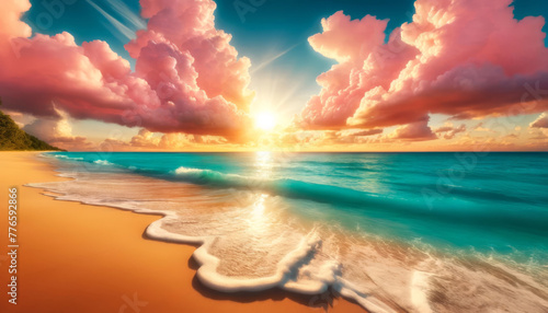 Sunset illuminating fluffy pink and blue clouds over a serene beach.