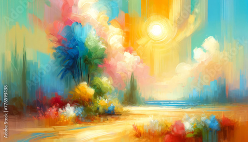Colorful abstract painting with vibrant brush strokes and a shining sun.