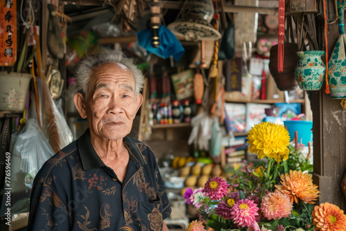 Portrait of an old asian man in his store selling flowers and decorations, various items hanging on the walls, chrysanthemums