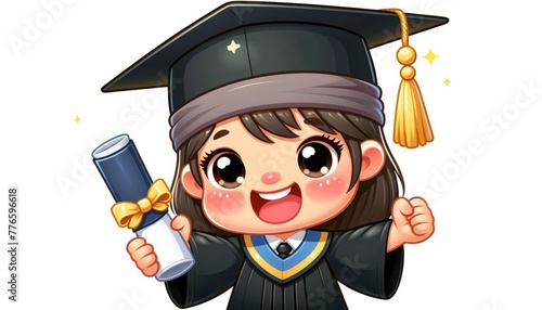 Cheerful cartoon girl celebrating graduation with cap and diploma.
