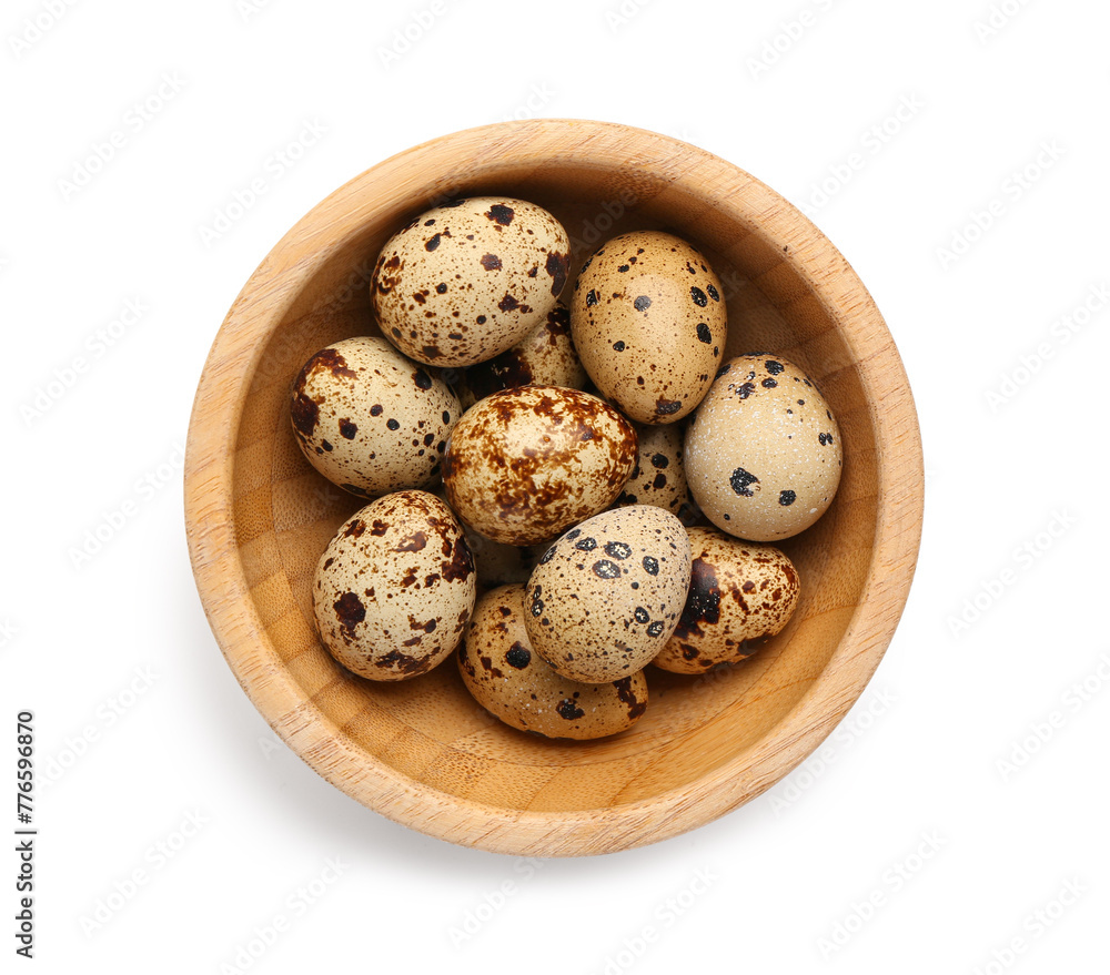 Wooden bowl with fresh quail eggs on white background Wooden bowl with fresh quail eggs on white background