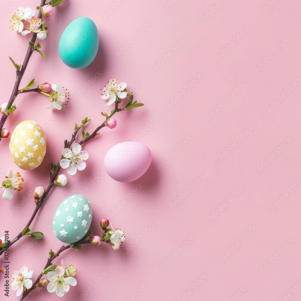 colorful small easter eggs with flowering branches on a light pink background with copy space - easter card background