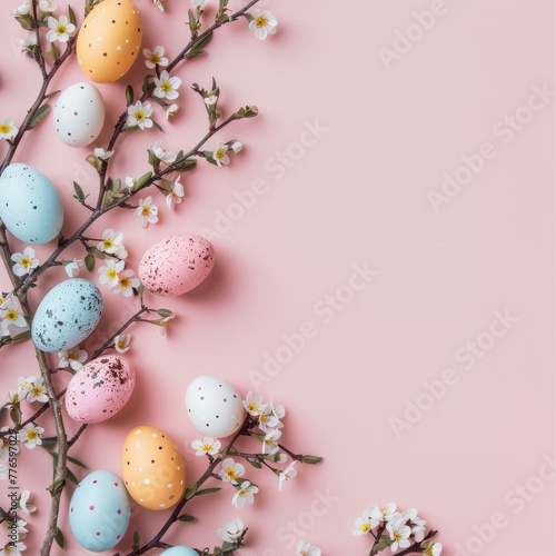 colorful small easter eggs with flowering branches on a light pink background with copy space - easter card background - spring design element 