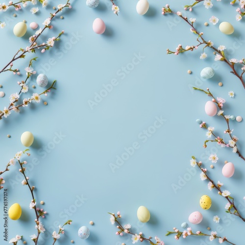colorful small easter eggs with flowering branches as a boarder on a light blue background with copy space - easter card background frame - spring design element