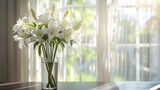Bouquet of pure white lilies held by slender vase on polished wooden table.