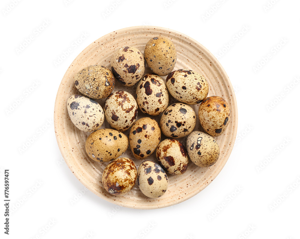 Plate with fresh quail eggs on white background Plate with fresh quail eggs on white background