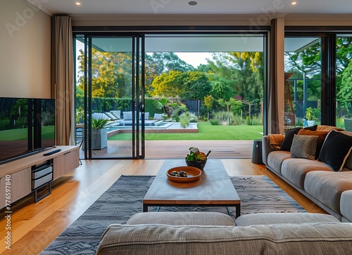Beautiful modern living room with large windows and sliding doors leading to the garden