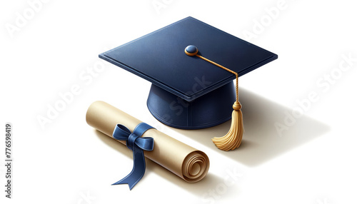 A navy blue graduation cap with a gold tassel beside a rolled diploma with a blue ribbon on a white background.