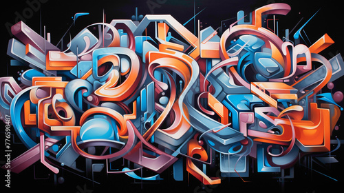 Bold and dynamic abstract shapes intertwining with graffiti-inspired lettering  creating a mesmerizing street art masterpiece that commands attention in the urban landscape.